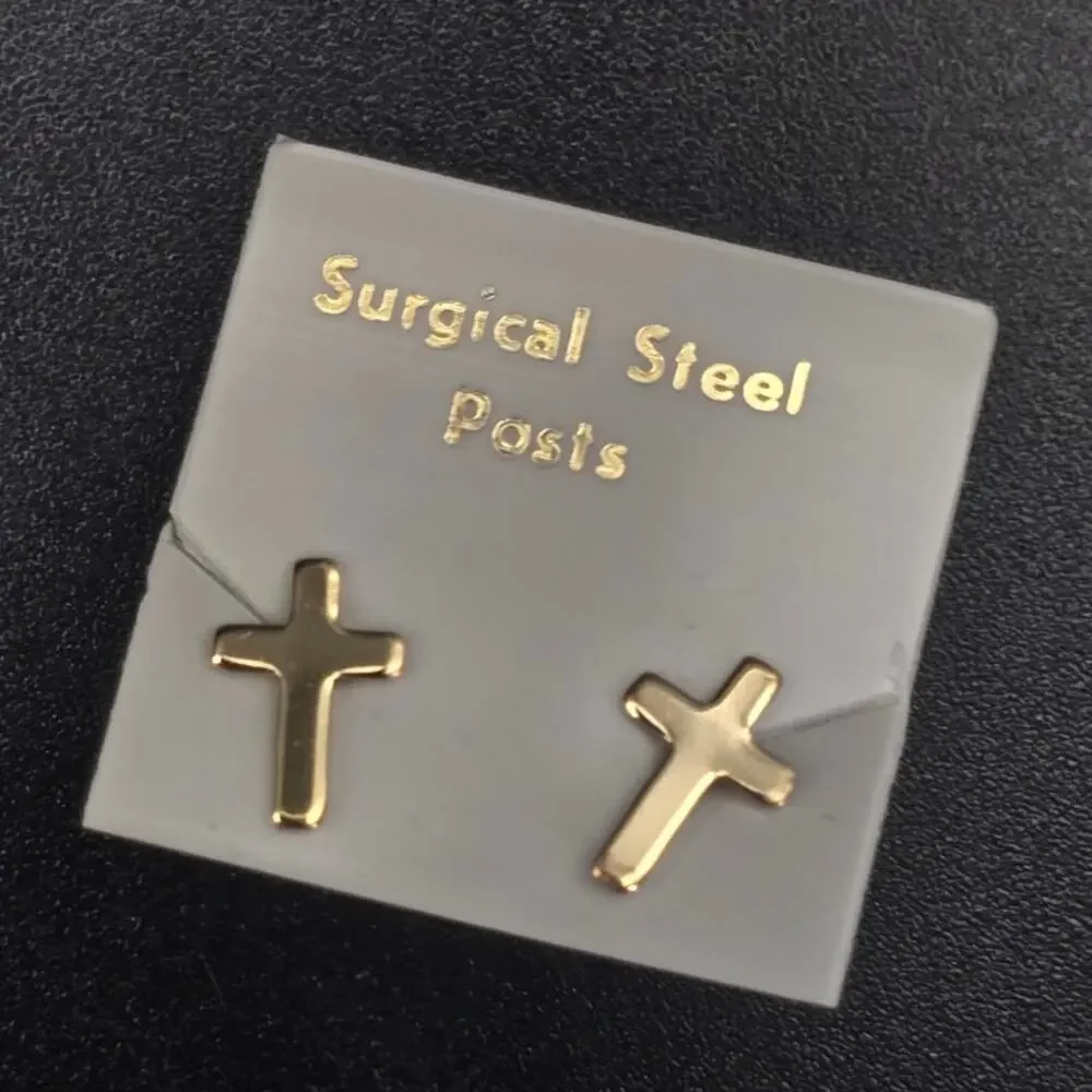 Gold Tone Cross Stud Earrings Surgical Steel Posts Religious Dainty Jewelry